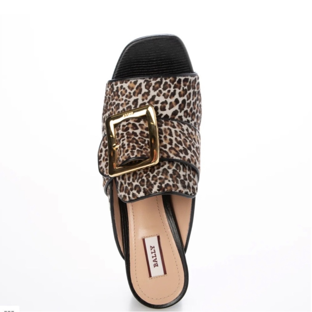 BALLY CALF HAIRCALF Bally Leopard Print Mules with Gold Accent